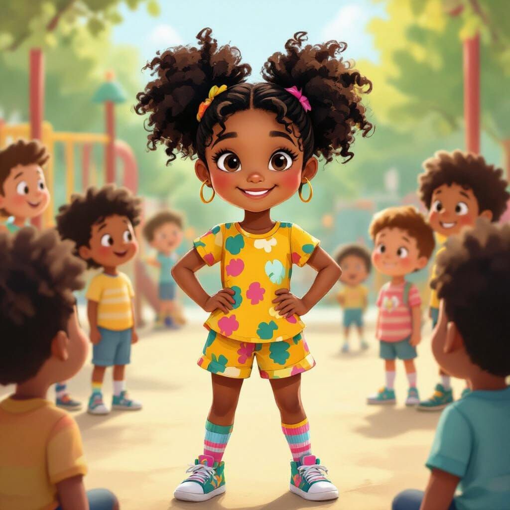 Confident Girl with Afro Puffs, Children's Book Illustration