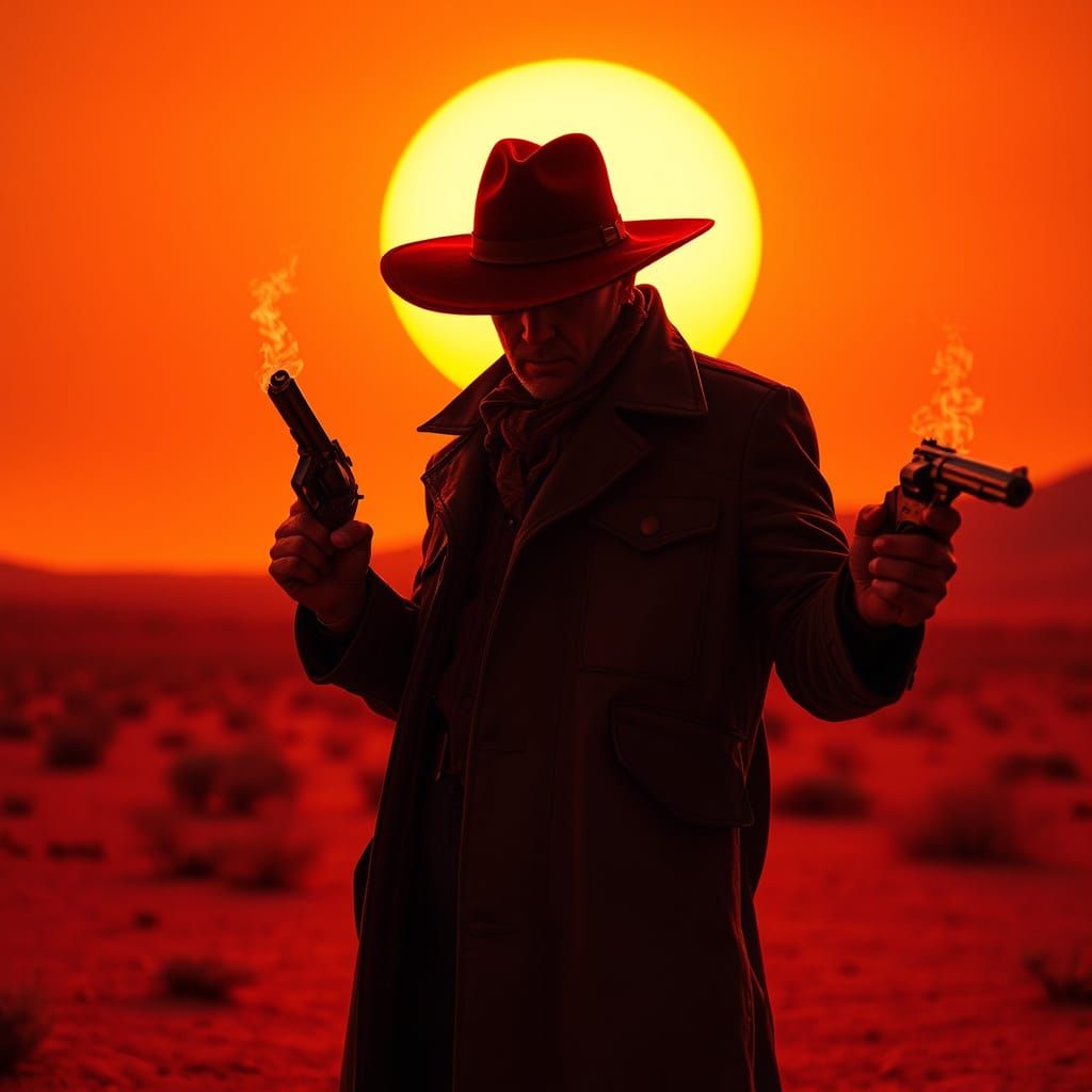 Silhouetted Gunslinger at Sunset in Hyperrealistic Style