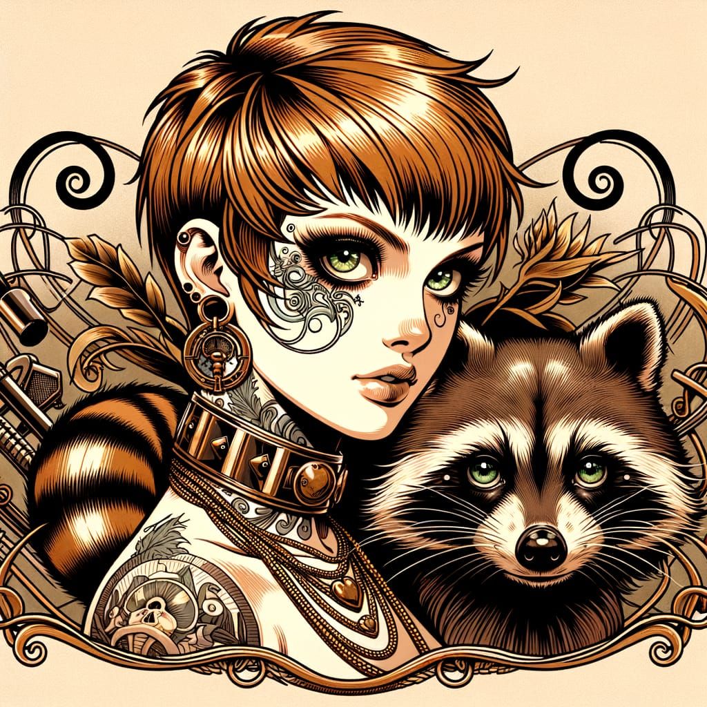 Punk Rock Tattoo Design: Ginger Girl with Raccoon in Art Nou...