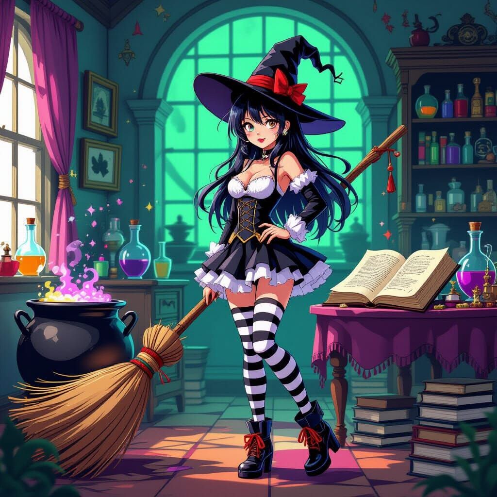 Anime Witch with Neon Accents and Spellbook