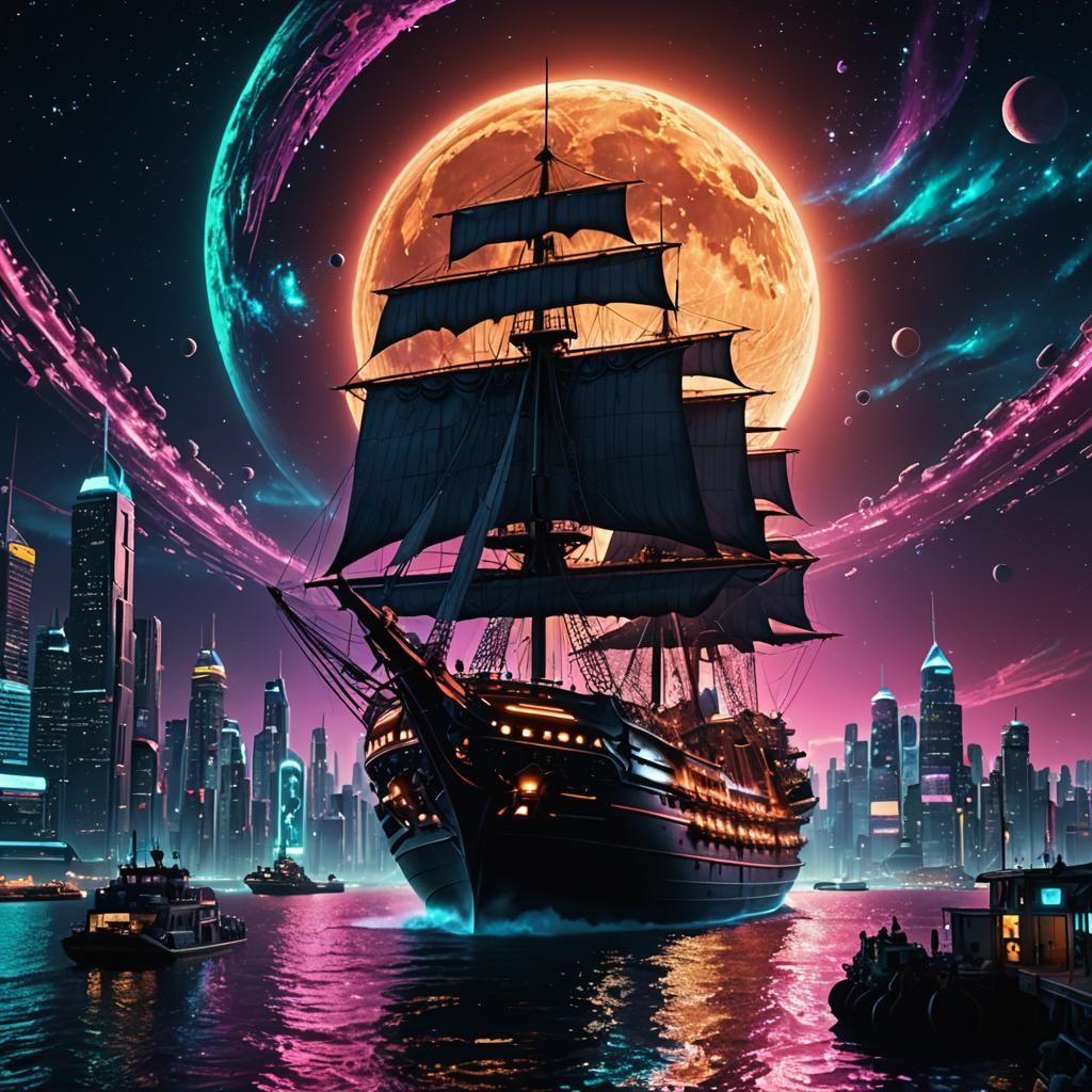 Neon City Bay with Giant Ship in Sci-Fi Style