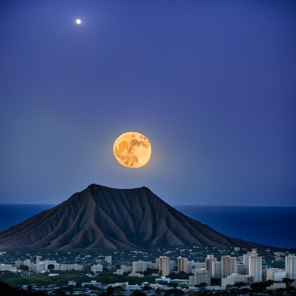 Super Blue Moon Over Diamond Head Crater, Hawaii