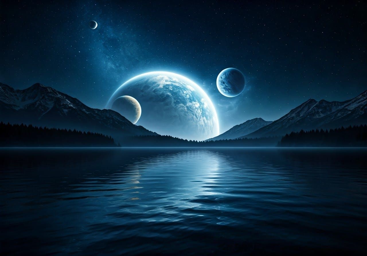 Ethereal Celestial Lake at Night in Hyperrealistic Style
