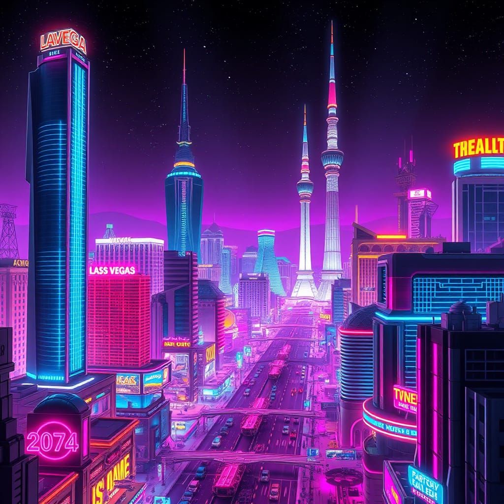 Futuristic Neon Cityscape of Las Vegas in Retro Style