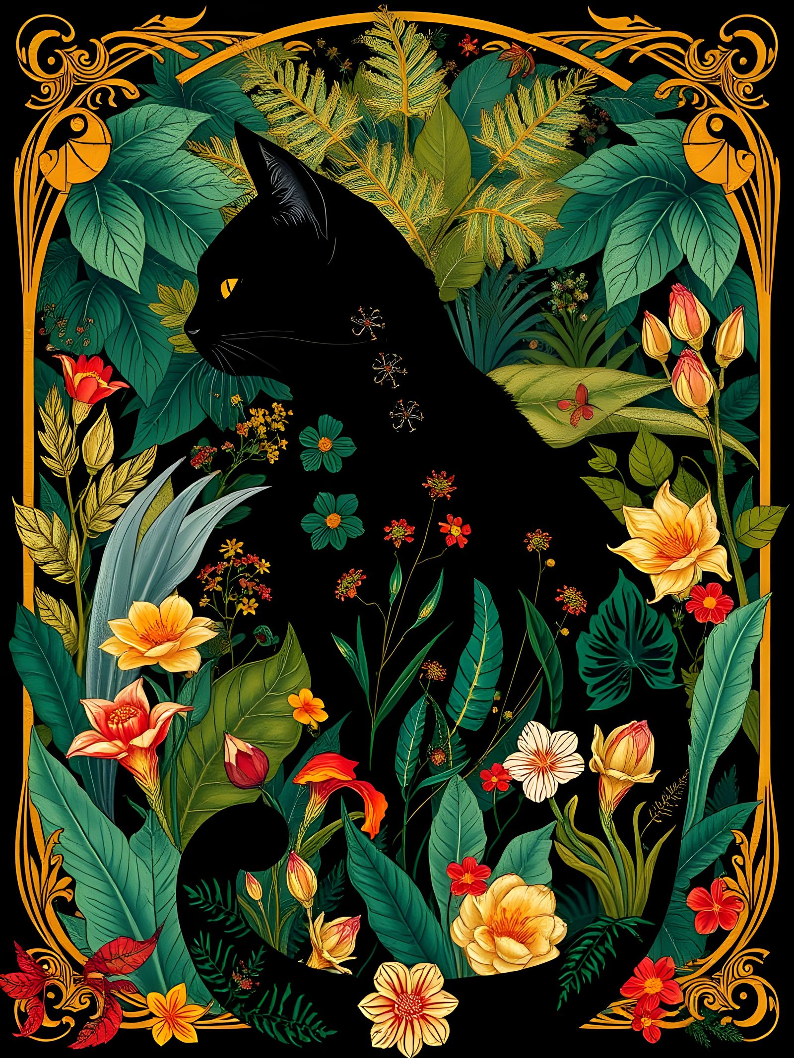 Tropical Garden Cat in Art Nouveau Style