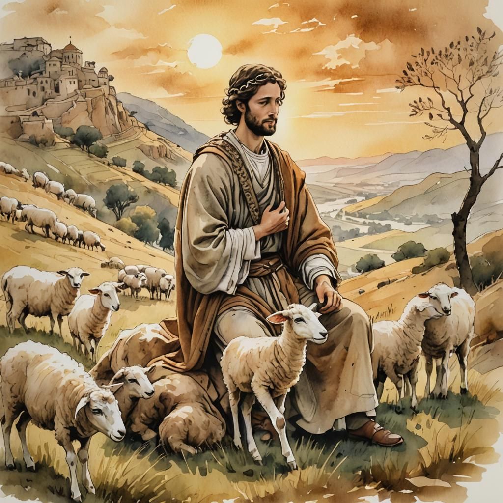 Young King David Tending Sheep: Pen and Ink Watercolor