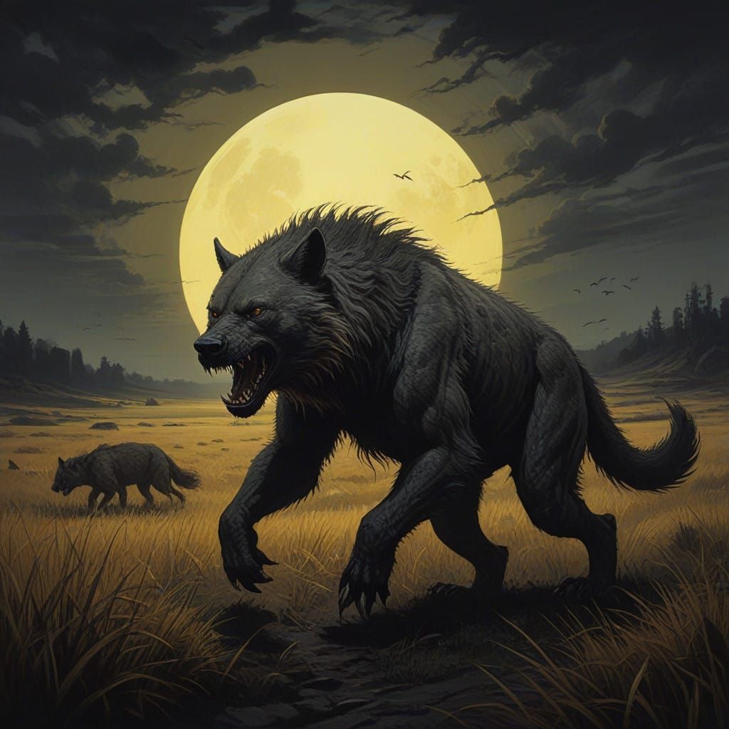 Werehyena Emerges from Golden Grassfield in Dark, Foreboding...