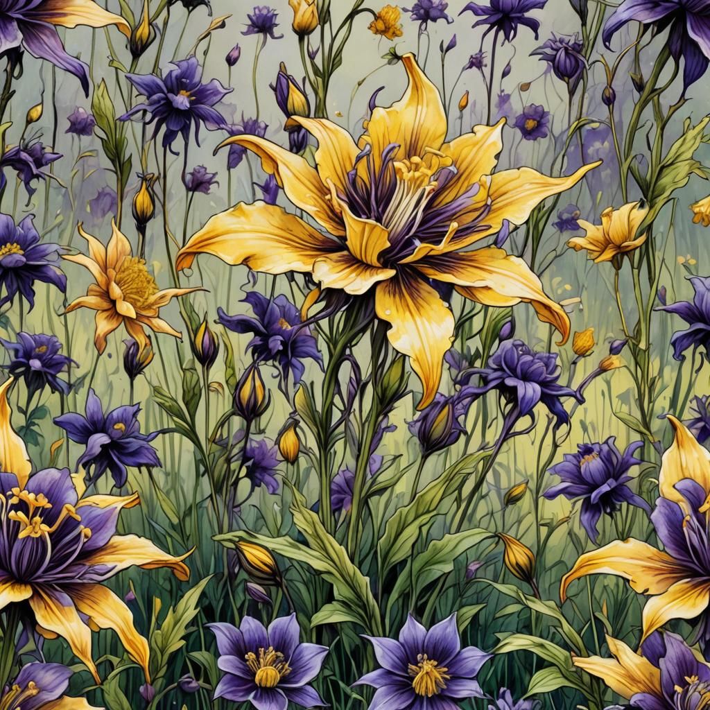 Columbine Flower in Hyperrealistic Watercolor Field