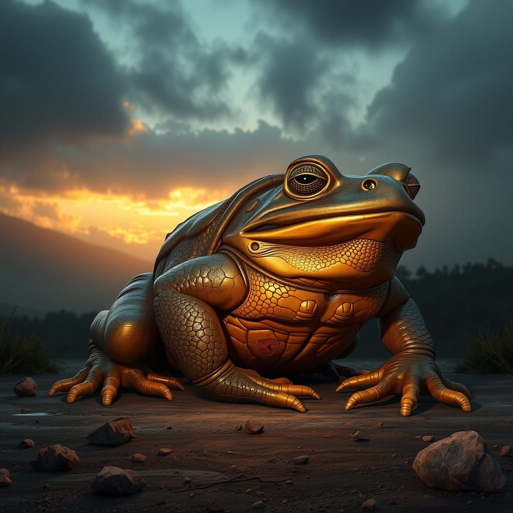 Lumbering Toad Amidst a Golden Porsche Cayenne