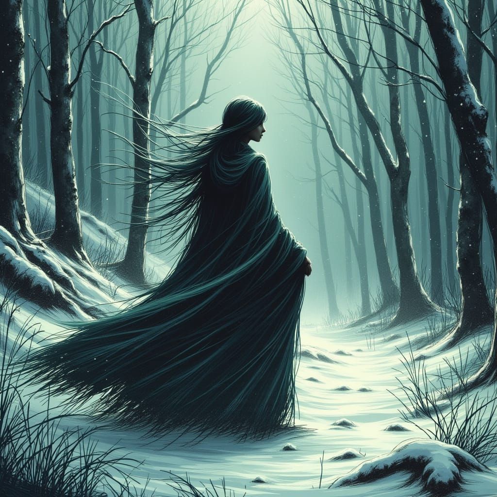 Forest Witch in Snowy Landscape