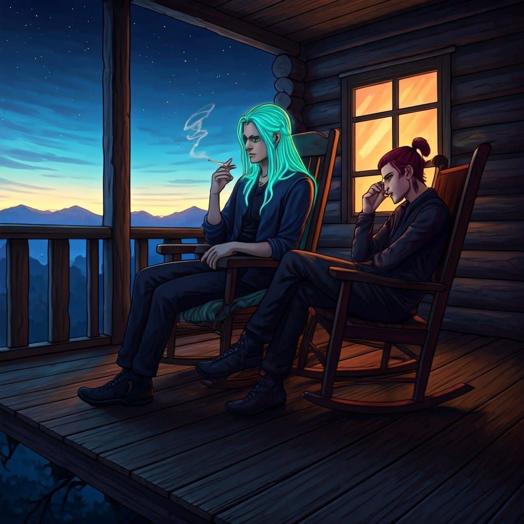 Two Men on a Floating Log Cabin Porch