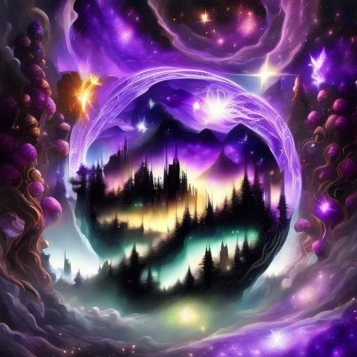 Floating Island City at Night with Butterflies