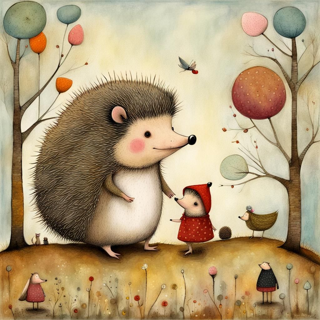 Whimsical Hedgehog and Friends in Magical Illustration