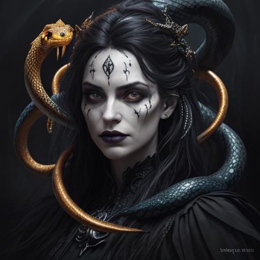 Sinister Woman Witch with Snakes in Dark Fantasy Style
