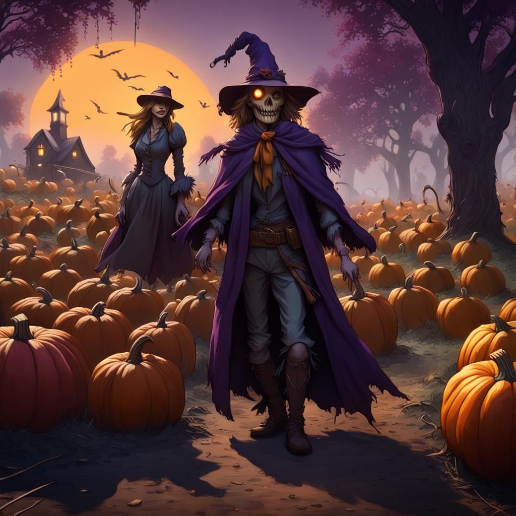 Scarecrow Couple Guarding Pumpkin Patch in Dark Fantasy Styl...