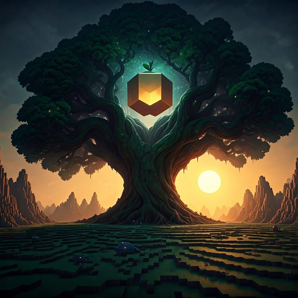 Ethereal Giant Tree in Vibrant, Dreamlike Landscape