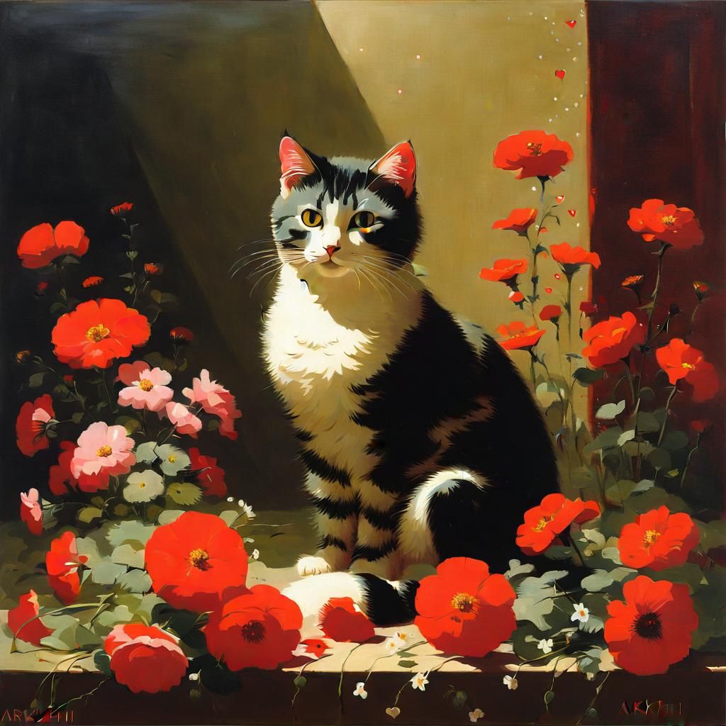 Cute Cat Surrounded by Flowers in Realist Style