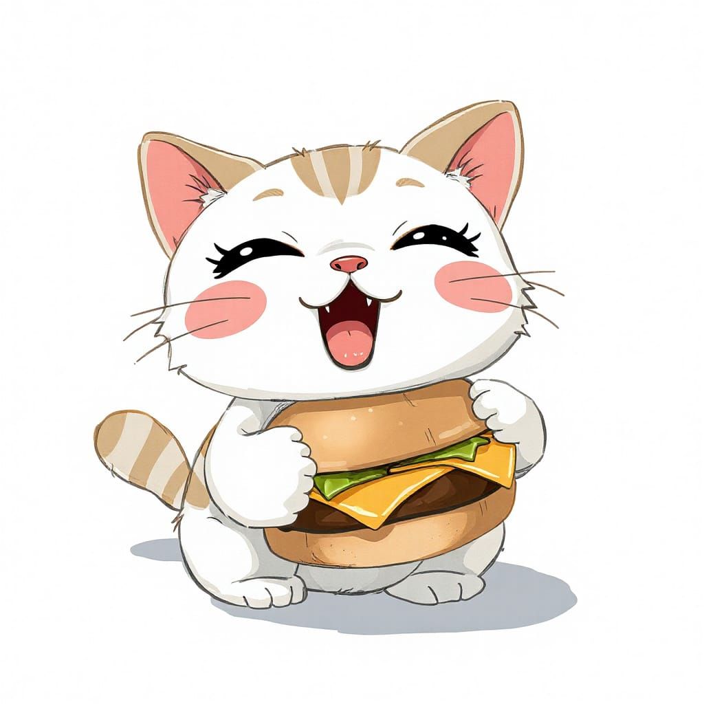 Kawaii Cat Begs for Cheeseburger: Cute Cartoon Art