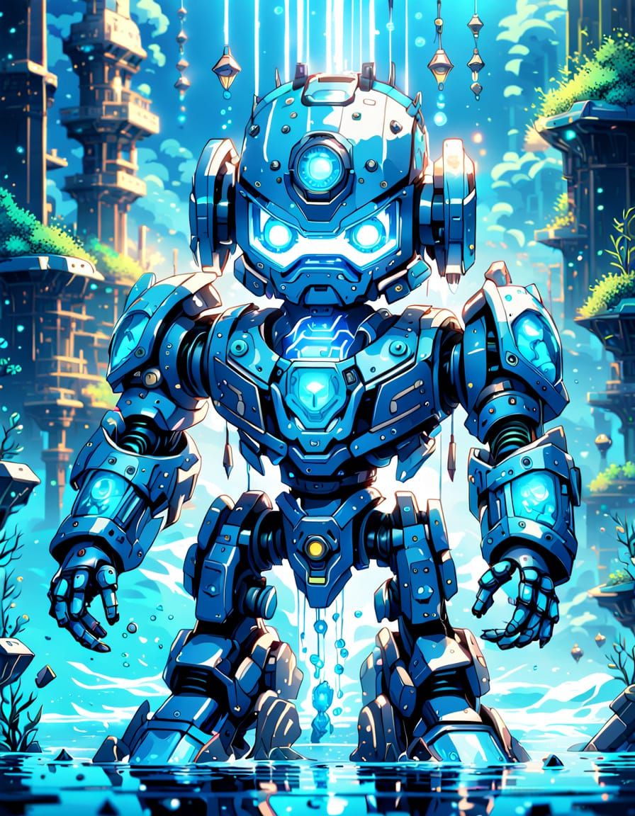 Blue Robot in Water, Vibrant Anime Splash Art