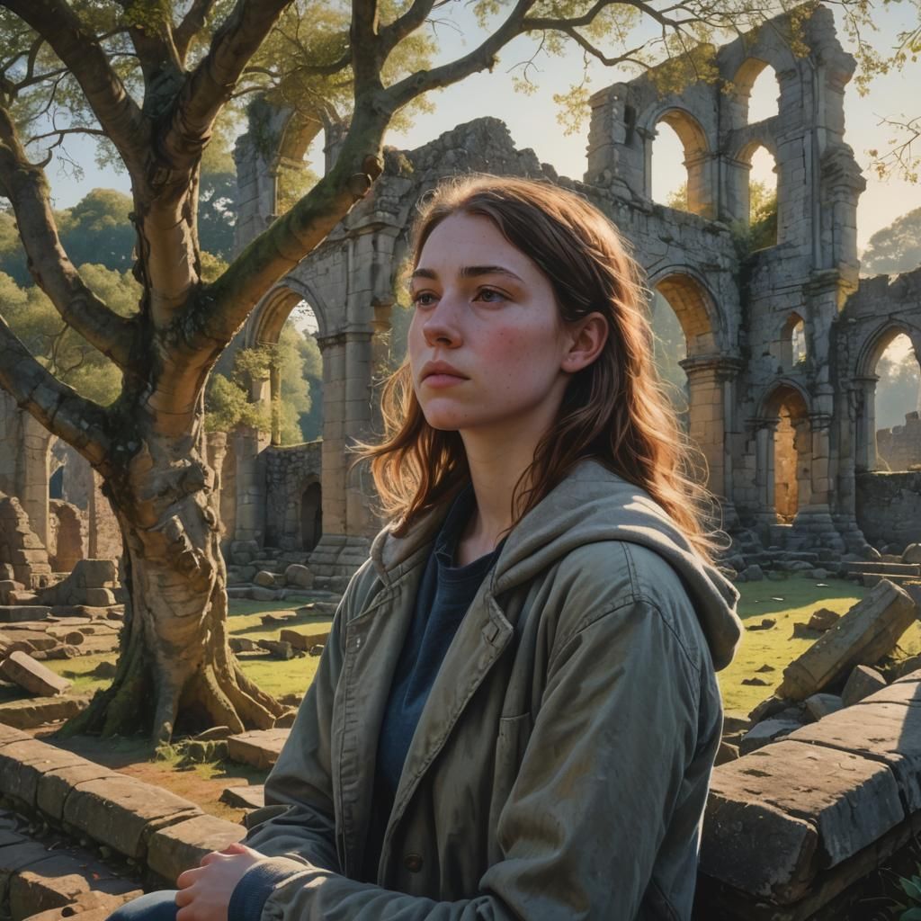 Teenage Girl Contemplates Abbey Ruins in Early Light