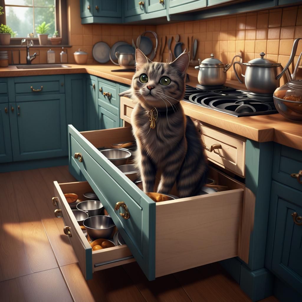 Cartoon Cat in Kitchen Drawer, Detailed Matte Painting