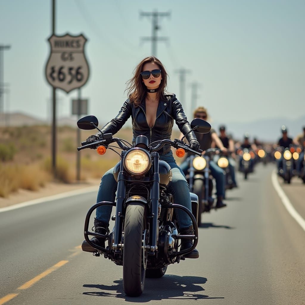 Bold Female Bikers on Route 66 with Harleys