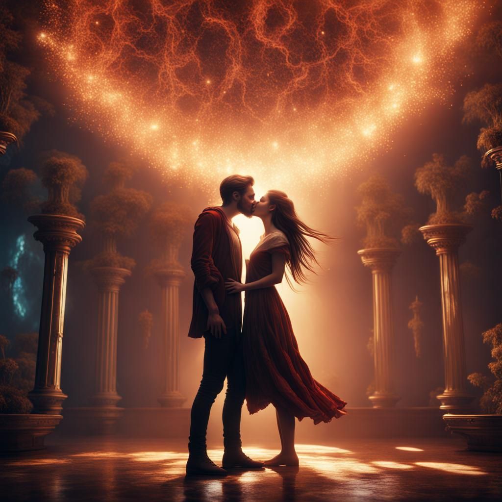 Levitating Couple's Kiss in a Fantasy Matte Painting