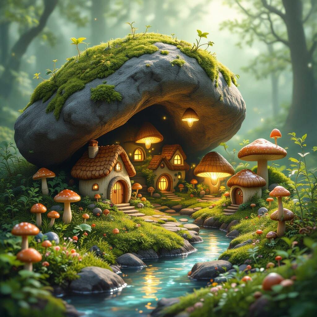 Whimsical Village Found Underneath Mossy Boulder