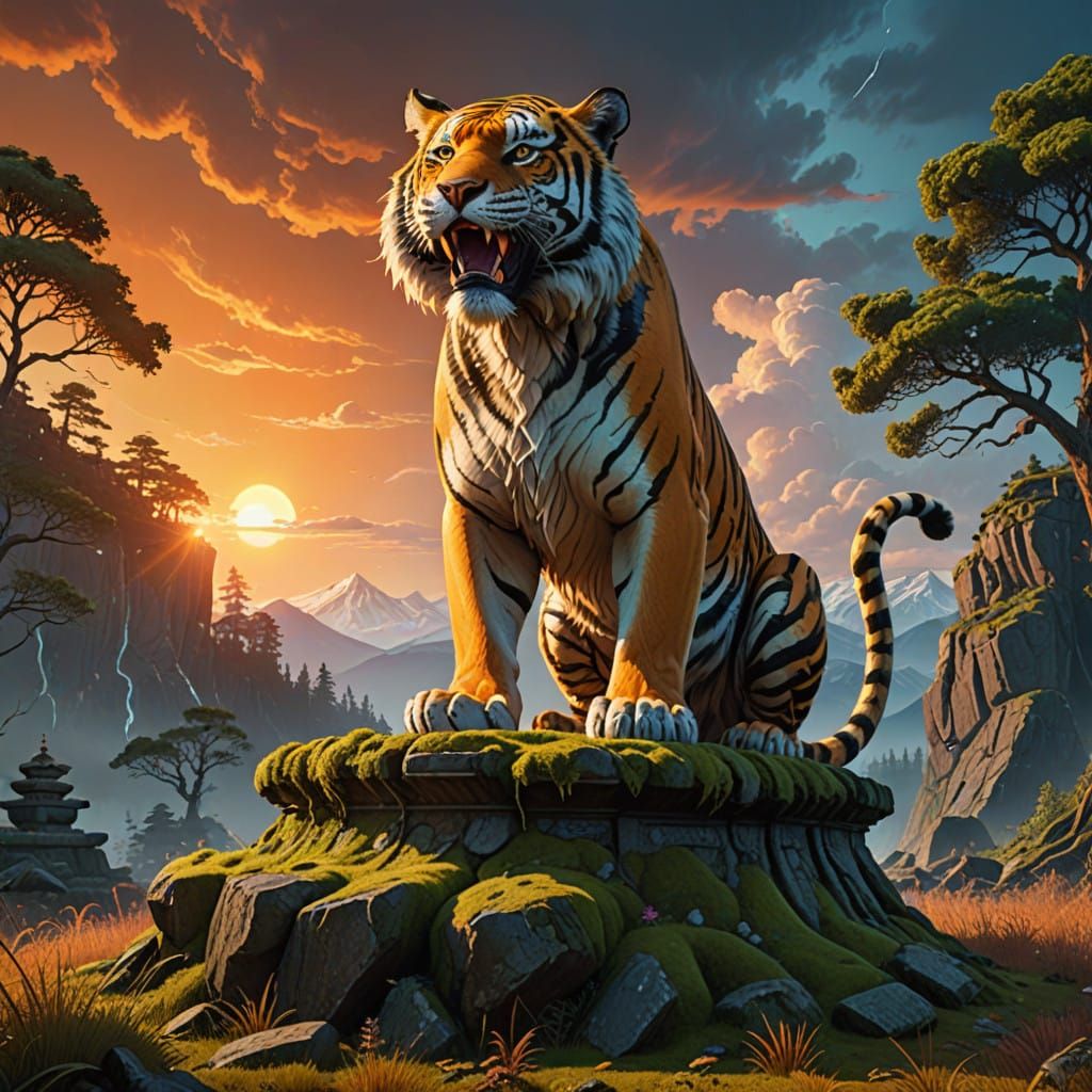 Majestic Bengal Tiger Unleashes Roar in Vibrant Sunrise Scen...