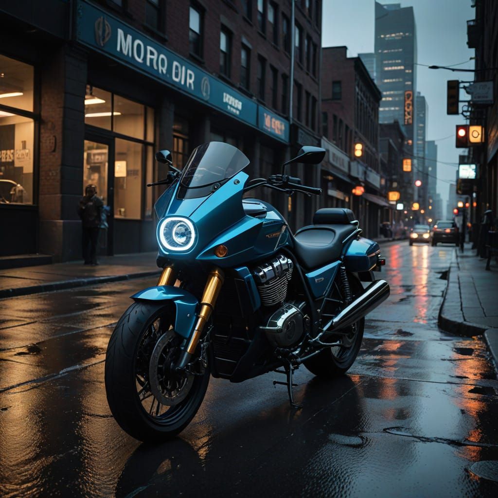 Futuristic M109 Boulevard Motorcycle in Neon-lit Cityscape