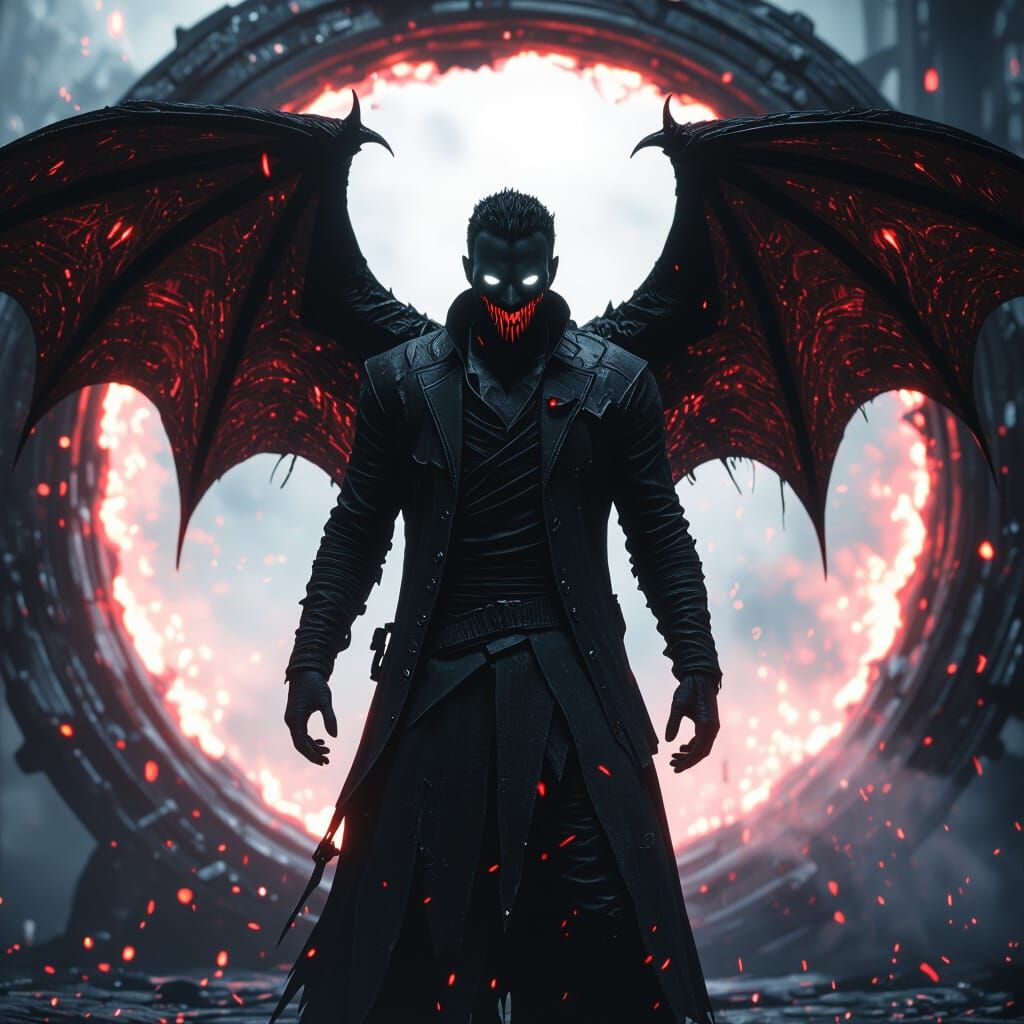 Demonic Black Character with Glowing Eyes and Wings