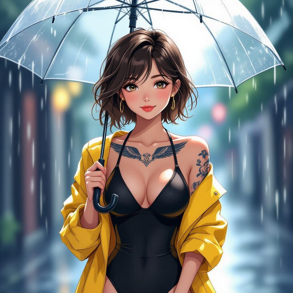 Anime Girl in Rain with Wings Tattoo