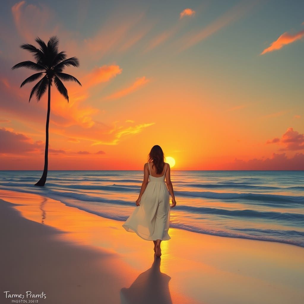 Woman on Beach at Sunset in Impressionist Style