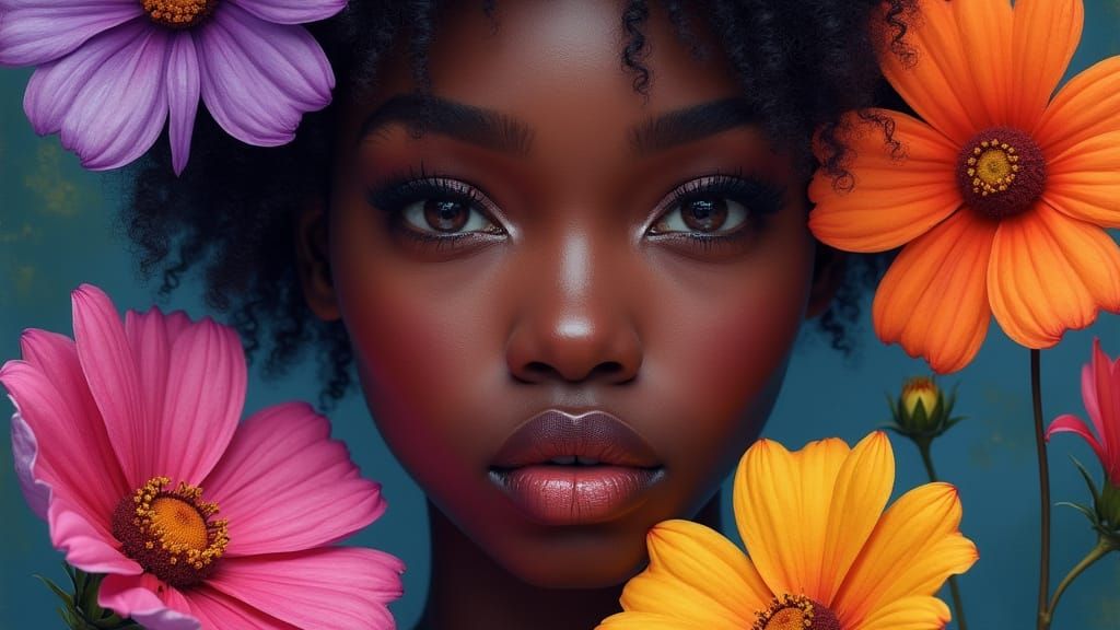 Vibrant Black Woman's Portrait in Floral Wonderland