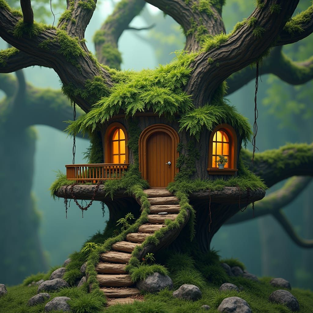Enchanting Miniature Treehouse in Mossy Tree