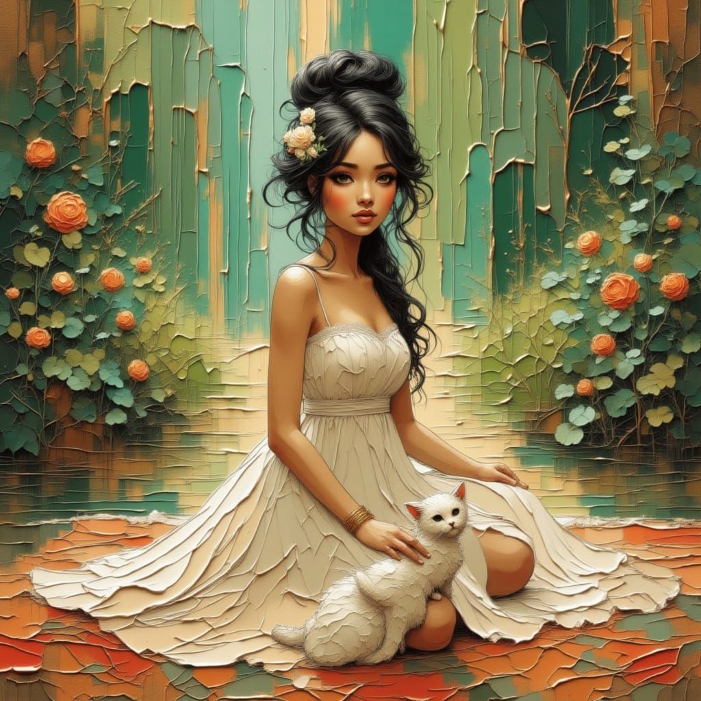 Serene Yoga Pose with Cat on Persian Carpet in Lush Garden