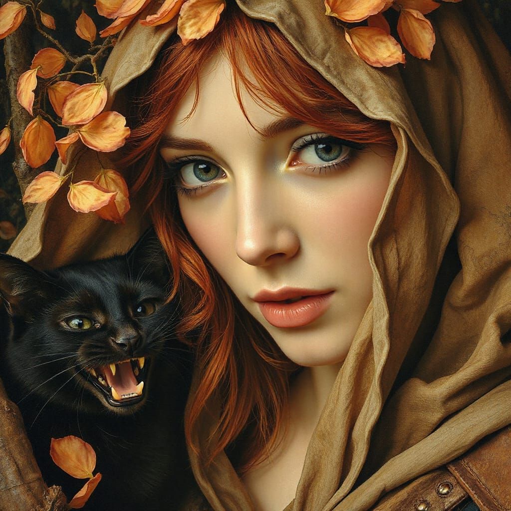 Crimson Haired Maiden in Petal Veil with Cat, Oil Painting