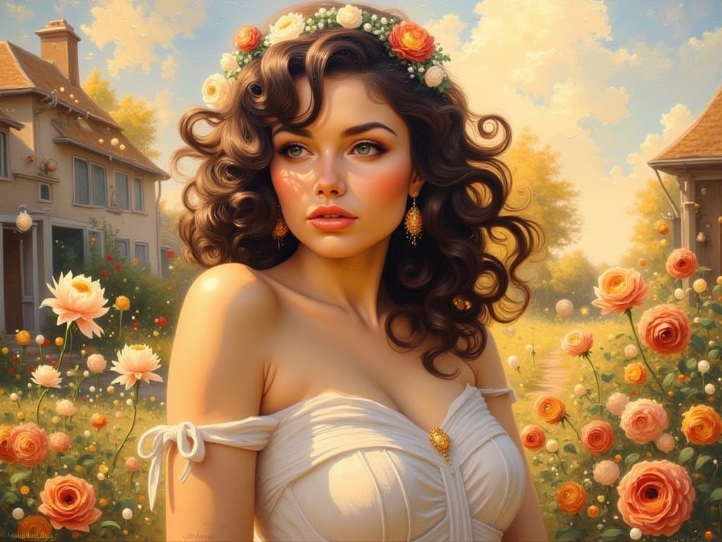 Euphoric Woman in a Sunny Suburban Landscape