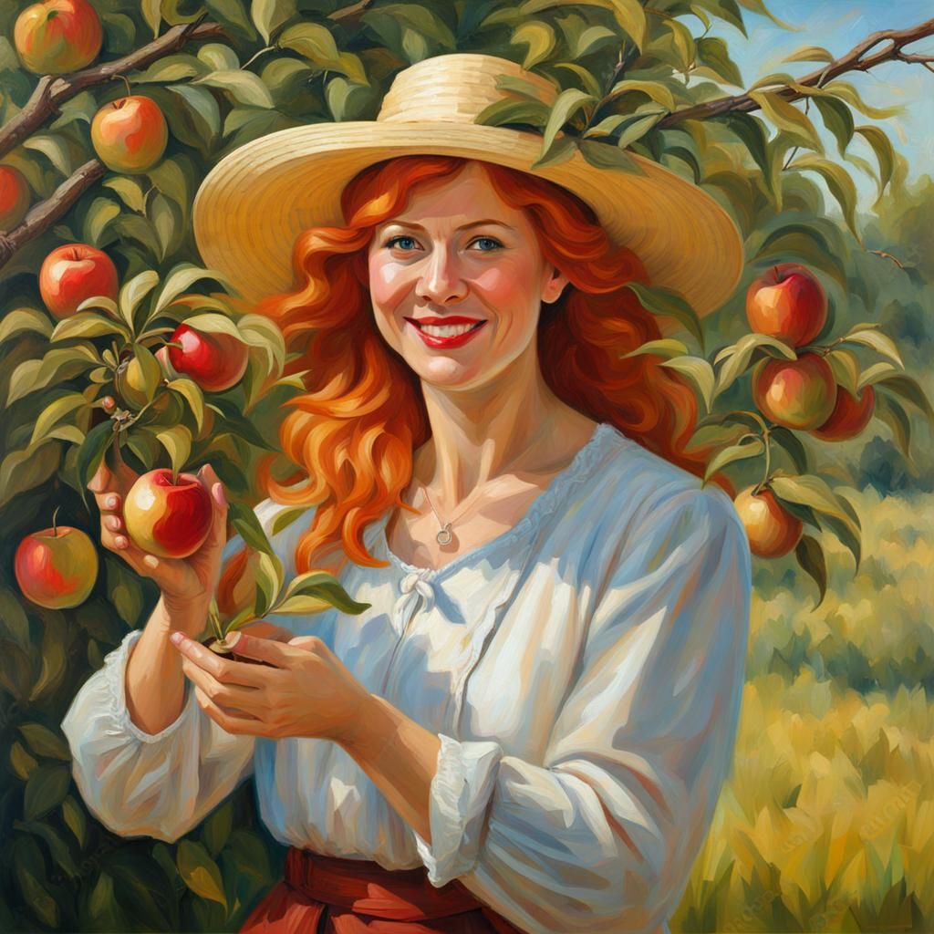 Orchard Beauty: A Woman's Touch in Oil Painting
