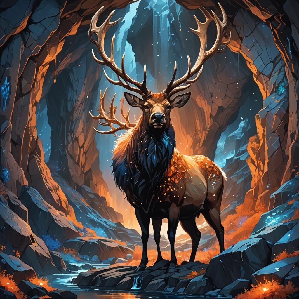 Majestic Elk in Dimly Lit Cave: Fantasy Concept Art