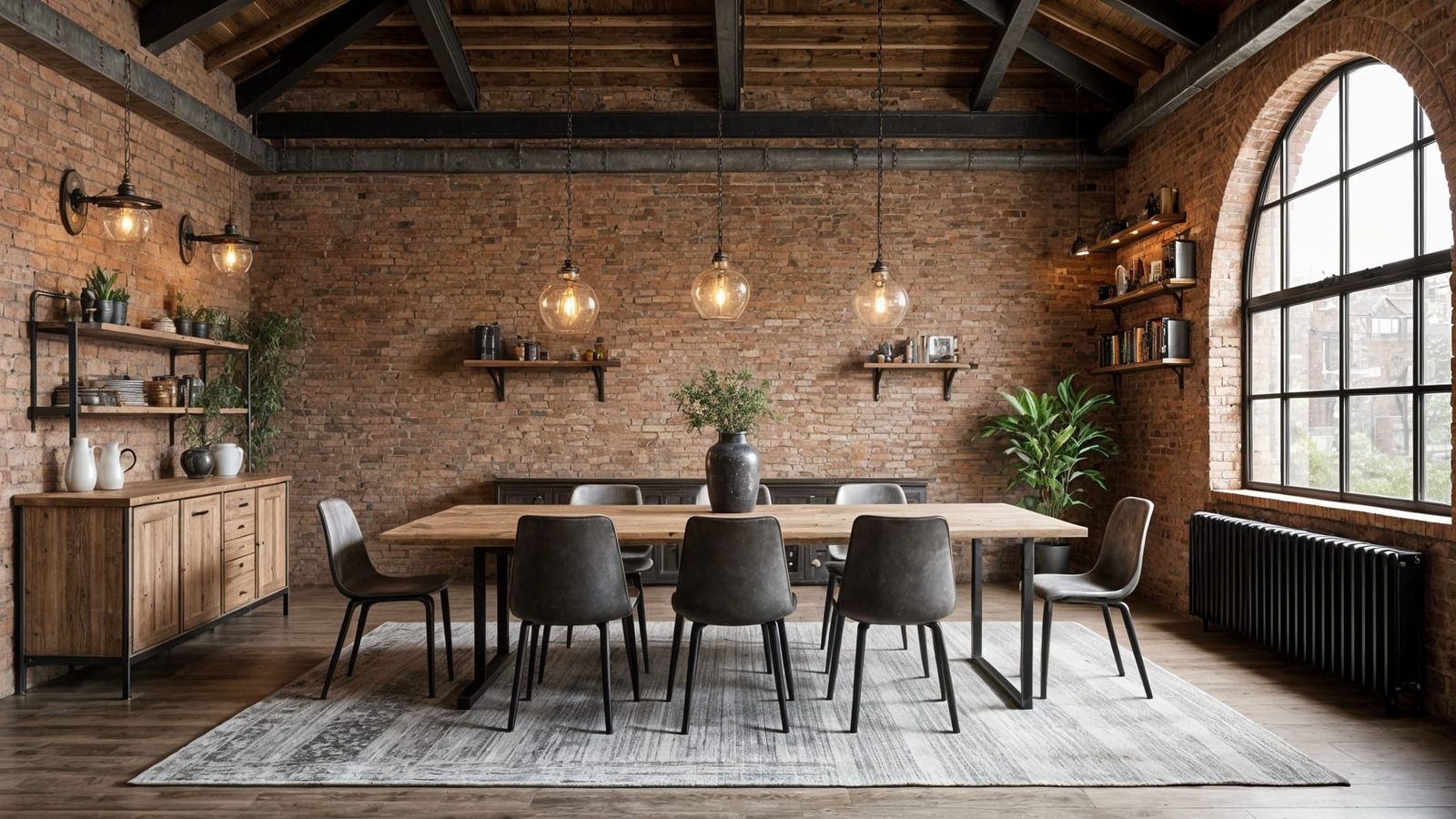 Industrial Loft Dining Room with Vaulted Ceiling
