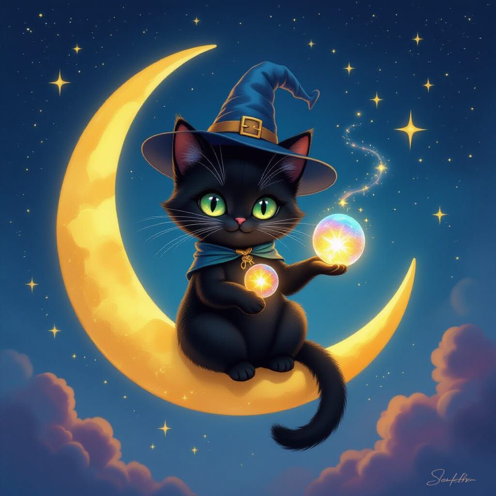 Black Cat on Moon in Cosmic Nebula