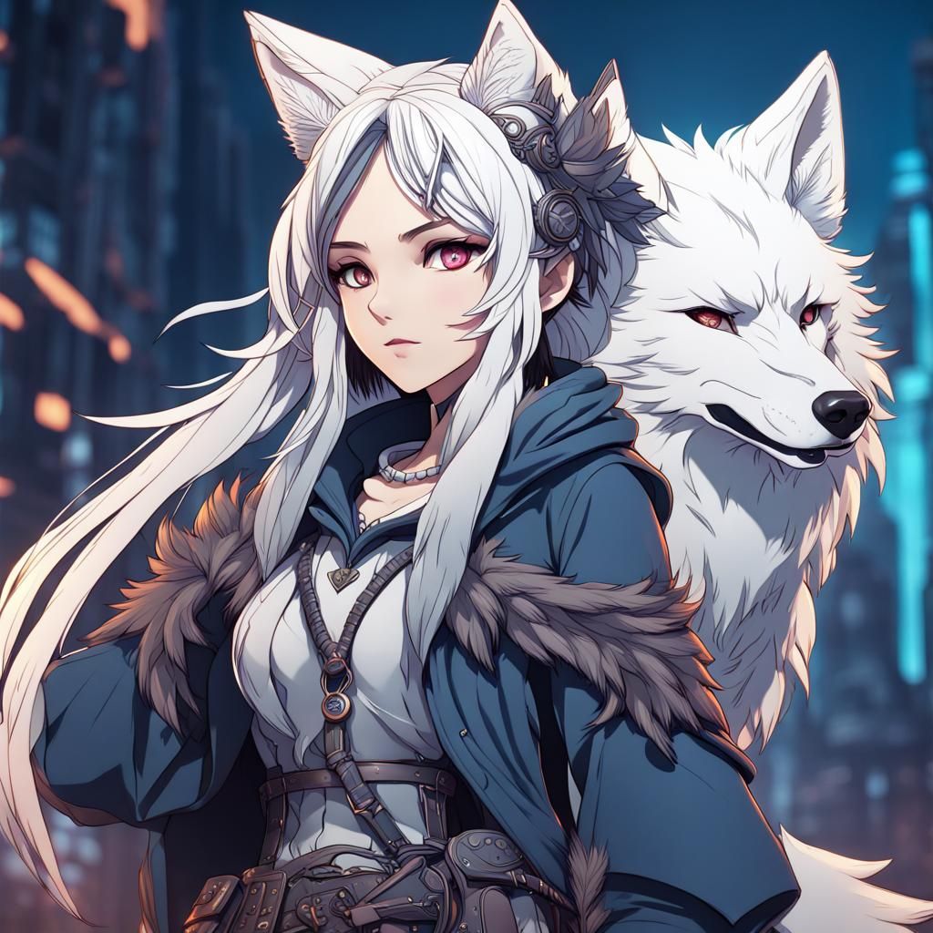 Anime Girl with Wolf Features: Detailed Line Art