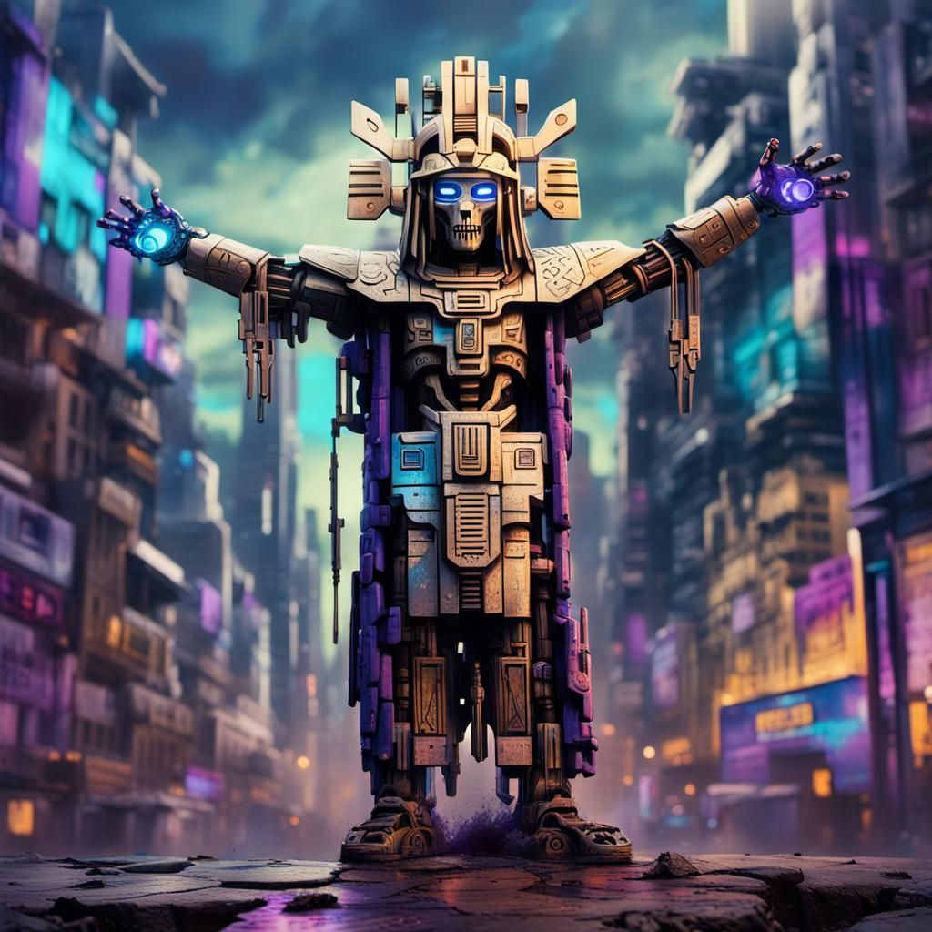 Cyberpunk Aztec Robot Graffiti Art