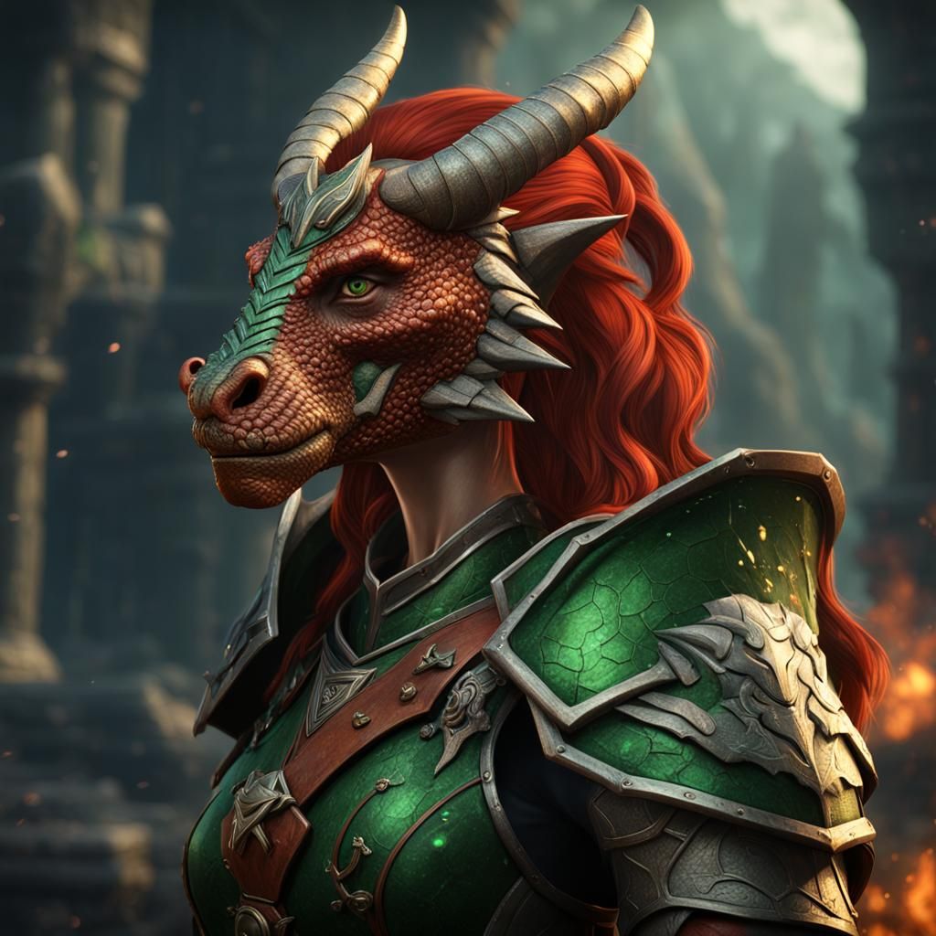 Dragonborn Cleric in Green Armor: Fantasy Concept Art