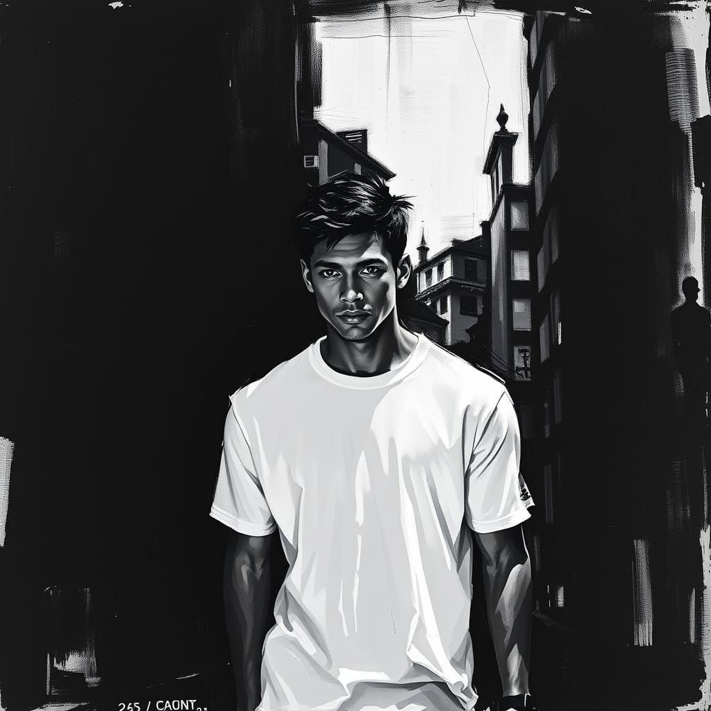 Expressive Black and White Man on Dark Street