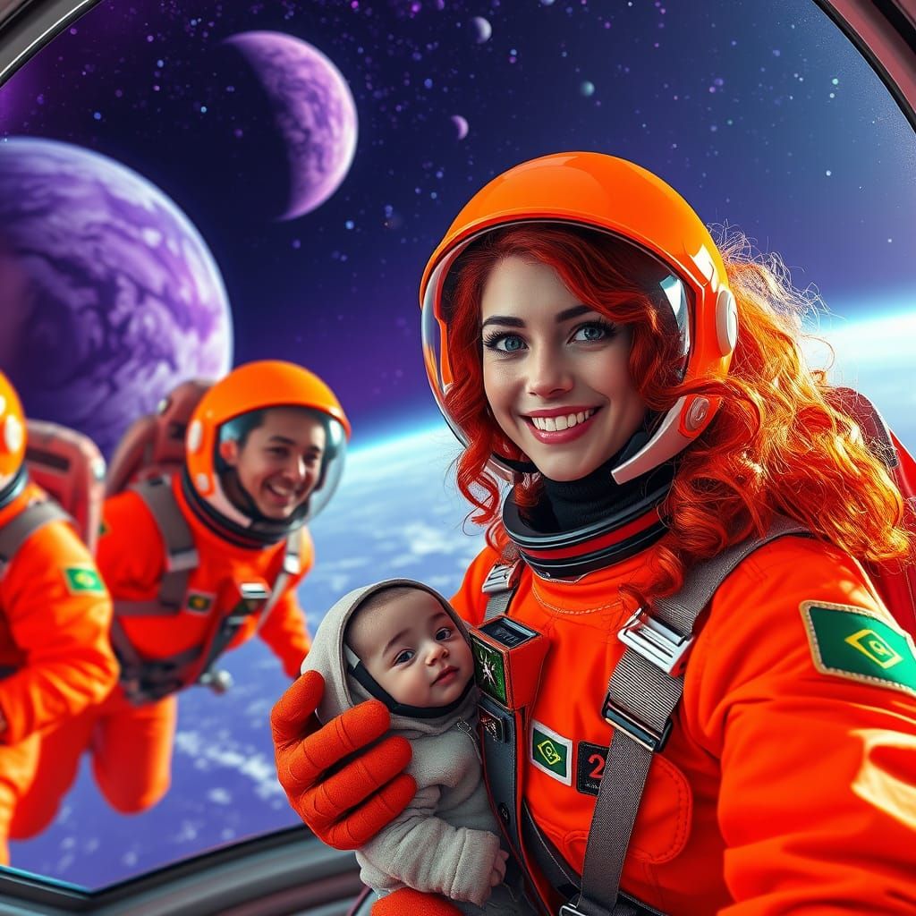 Astronauts in Vibrant Orange Suits Float Above Space Capsule