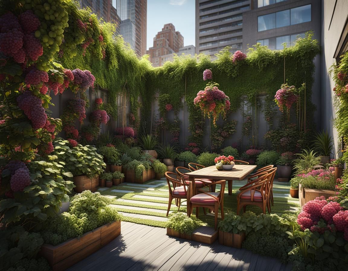 Lush City Courtyard Garden with Vibrant Flowers