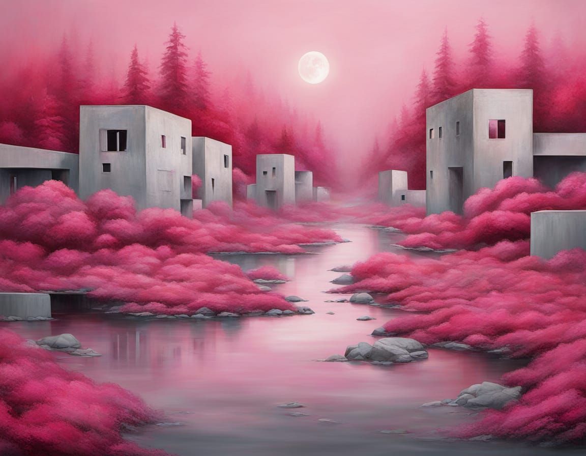 Surreal Abstract Painting With Warm Colors and Pink Fog