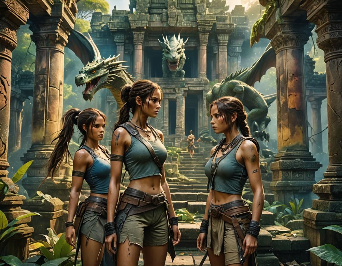 Twin Sisters Battle Dragon in Ruined Temple, Watercolour Sty...